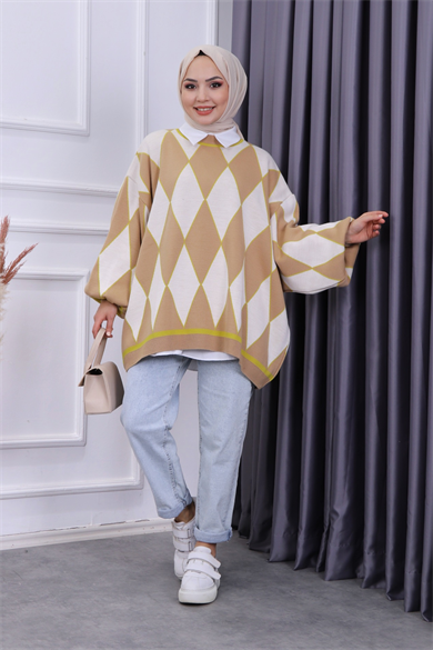 Oversize Kareli Balon Kol Camel
