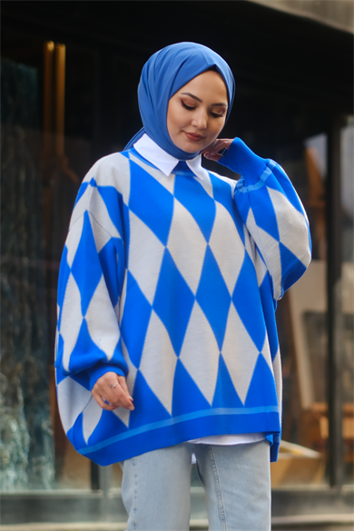 Oversize Kareli Balon Kol Mavi-Beyaz