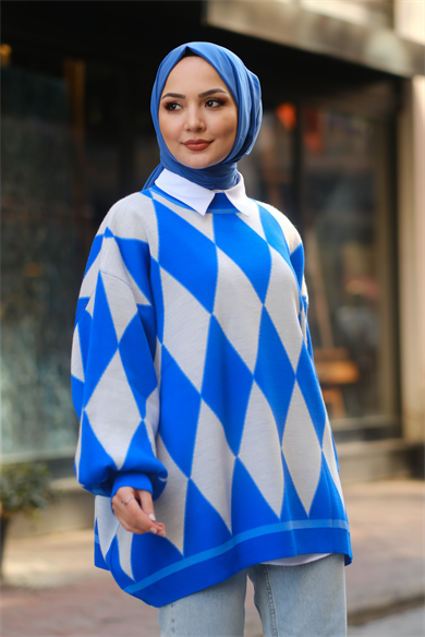 Oversize Kareli Balon Kol Mavi-Beyaz