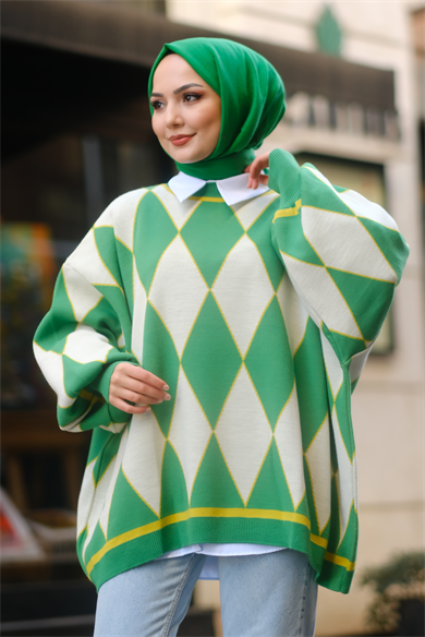 Oversize Kareli Balon Kol Yeşil-Beyaz
