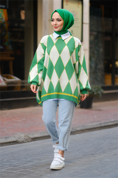 Oversize Kareli Balon Kol Yeşil-Beyaz
