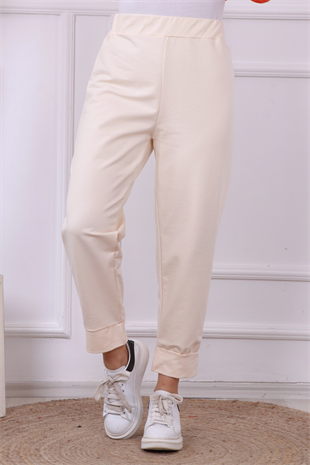 Paçası Manşetli Spor Pantolon Krem