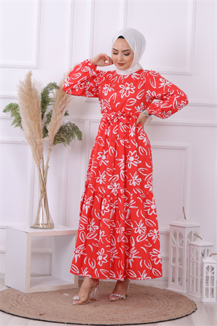 Papatya Desenli Elbise Kırmızı