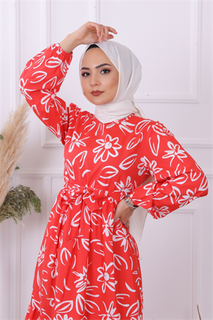 Papatya Desenli Elbise Kırmızı