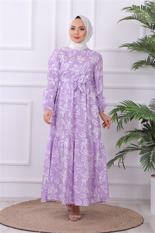 Papatya Desenli Elbise Lila