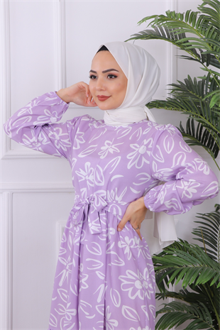 Papatya Desenli Elbise Lila