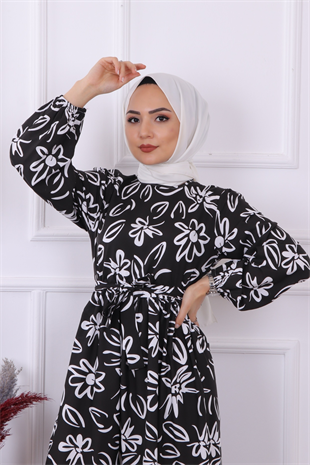 Papatya Desenli Elbise Siyah