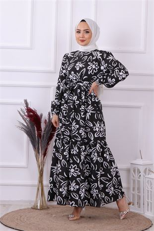 Papatya Desenli Elbise Siyah