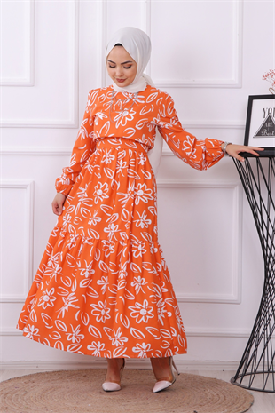 Papatya Desenli Elbise Turuncu