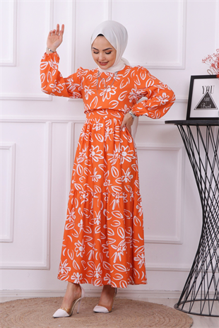 Papatya Desenli Elbise Turuncu