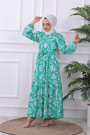 Papatya Desenli Elbise Yeşil