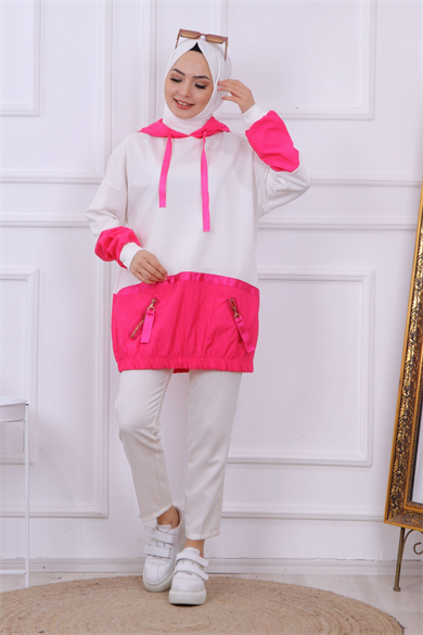 Paraşüt Detaylı Kapşonlu Sweat Beyaz Fuşya