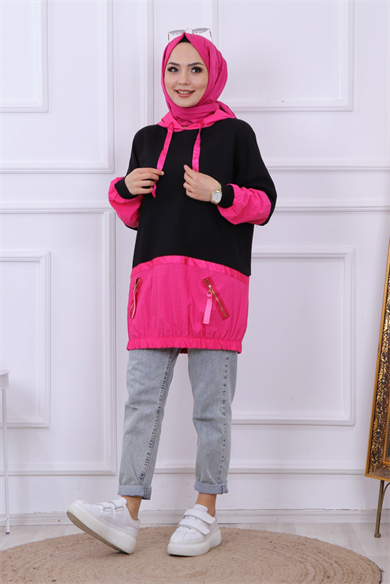 Paraşüt Detaylı Kapşonlu Sweat Siyah-Fuşya