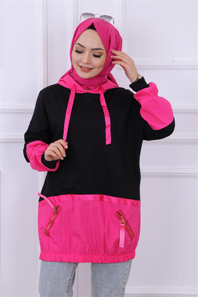 Paraşüt Detaylı Kapşonlu Sweat Siyah-Fuşya