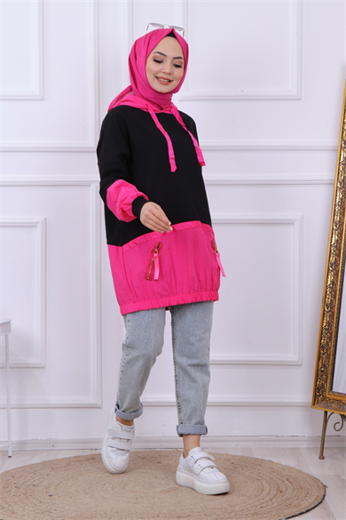 Paraşüt Detaylı Kapşonlu Sweat Siyah-Fuşya