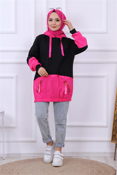 Paraşüt Detaylı Kapşonlu Sweat Siyah-Fuşya