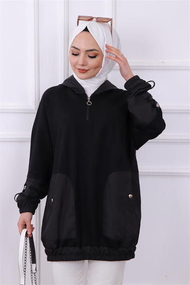 Paraşüt Kumaş Detaylı Sweat Siyah