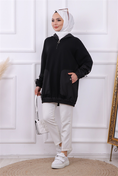 Paraşüt Kumaş Detaylı Sweat Siyah