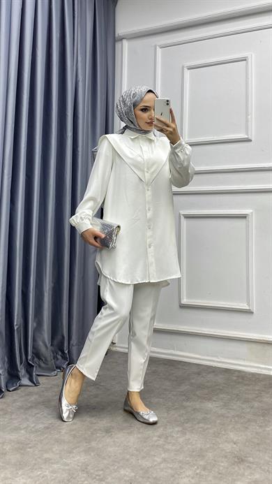 Pelerinli Tunik Beyaz