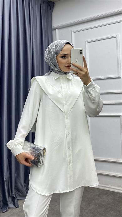 Pelerinli Tunik Beyaz