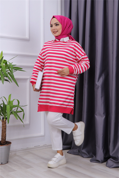Pembe Beyaz Çizgili Sweat 
