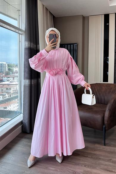 Pileli Çiçekli Poplin Elbise