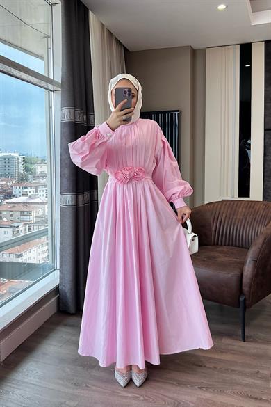 Pileli Çiçekli Poplin Elbise