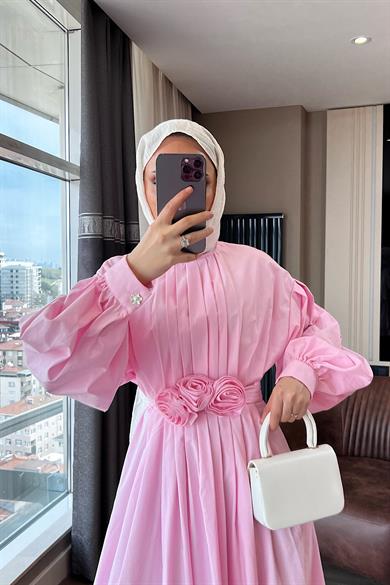 Pileli Çiçekli Poplin Elbise