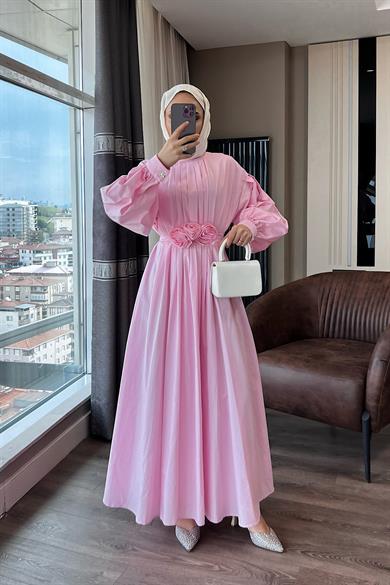 Pileli Çiçekli Poplin Elbise