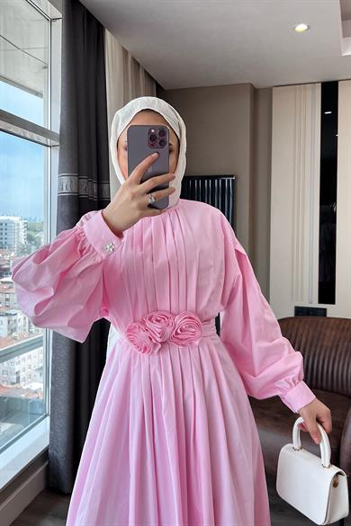 Pileli Çiçekli Poplin Elbise