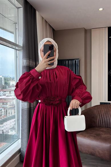 Pileli Çiçekli Poplin Elbise Kırmızı