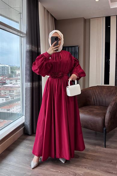 Pileli Çiçekli Poplin Elbise Kırmızı