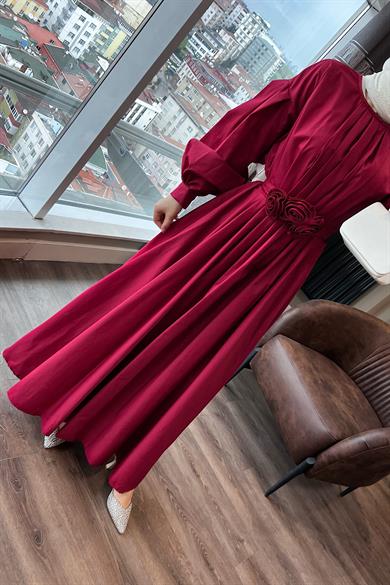 Pileli Çiçekli Poplin Elbise Kırmızı