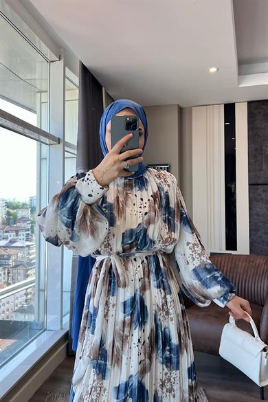 Pileli Desenli Saten Elbise Mavi-Beyaz