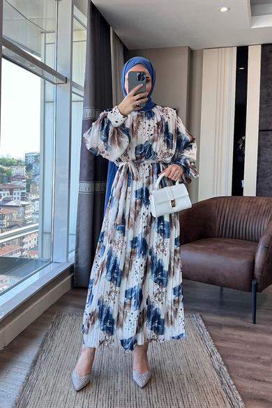 Pileli Desenli Saten Elbise Mavi-Beyaz