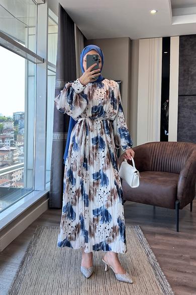 Pileli Desenli Saten Elbise Mavi-Beyaz