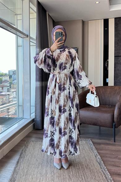 Pileli Desenli Saten Elbise Mor-Beyaz