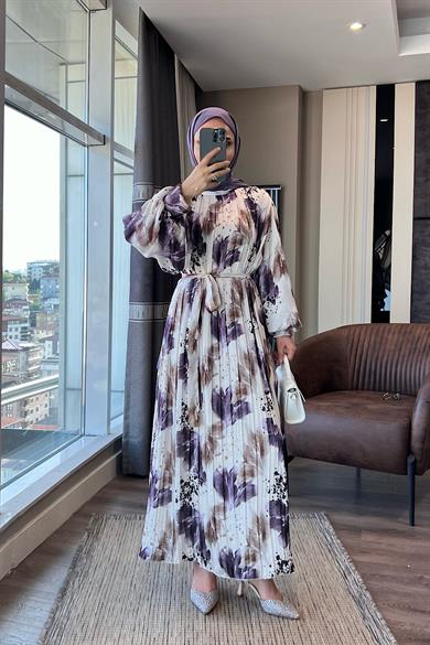 Pileli Desenli Saten Elbise Mor-Beyaz