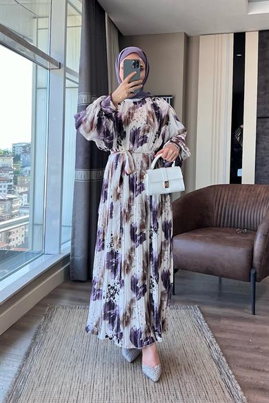 Pileli Desenli Saten Elbise Mor-Beyaz