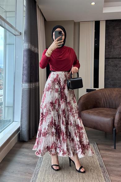 Pileli Desenli Şifon Etek Bordo