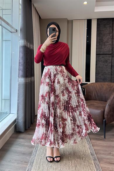 Pileli Desenli Şifon Etek Bordo