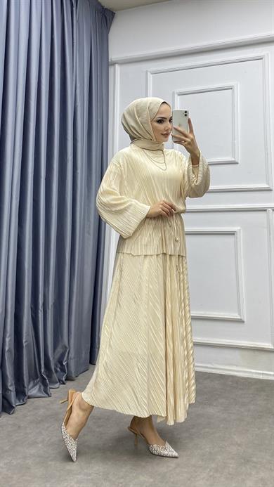 Piliseli Etekli Takım Bej