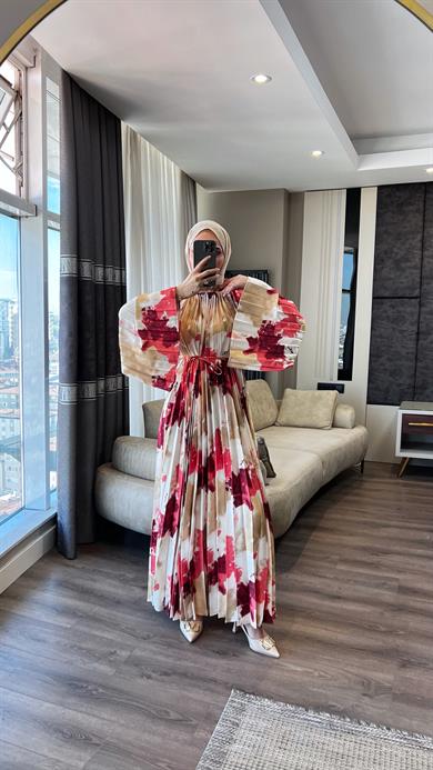 Pilisoley Desenli Saten Elbise Kırmızı