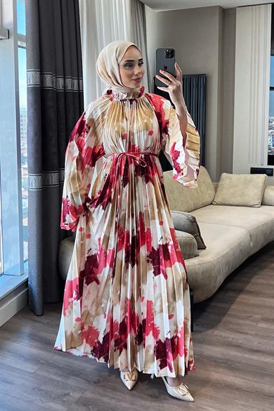 Pilisoley Desenli Saten Elbise Kırmızı