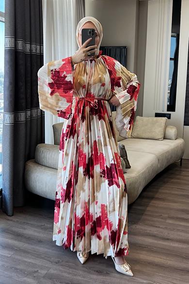 Pilisoley Desenli Saten Elbise Kırmızı