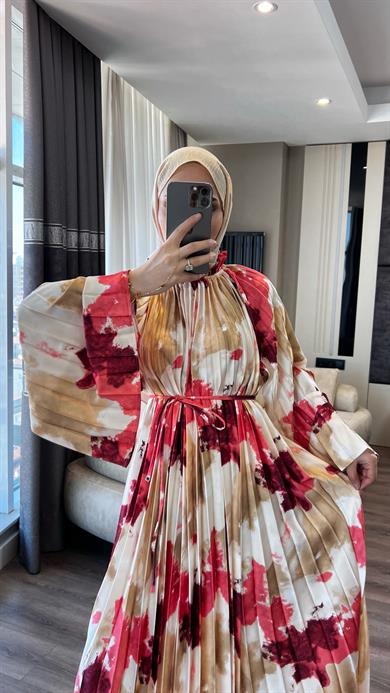 Pilisoley Desenli Saten Elbise Kırmızı