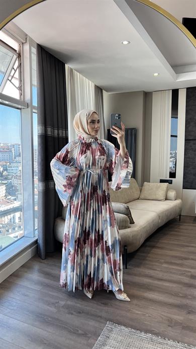 Pilisoley Desenli Saten Elbise Mavi 