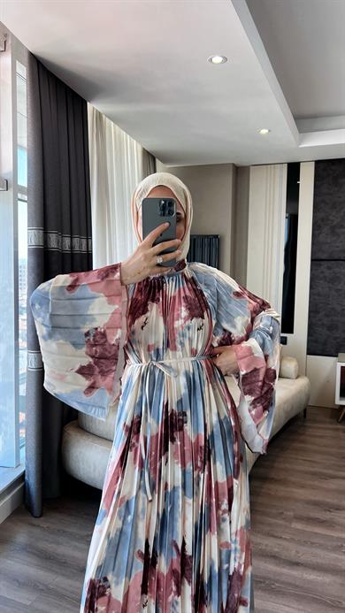 Pilisoley Desenli Saten Elbise Mavi 