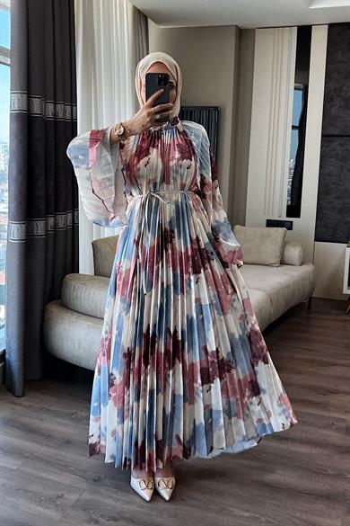 Pilisoley Desenli Saten Elbise Mavi 