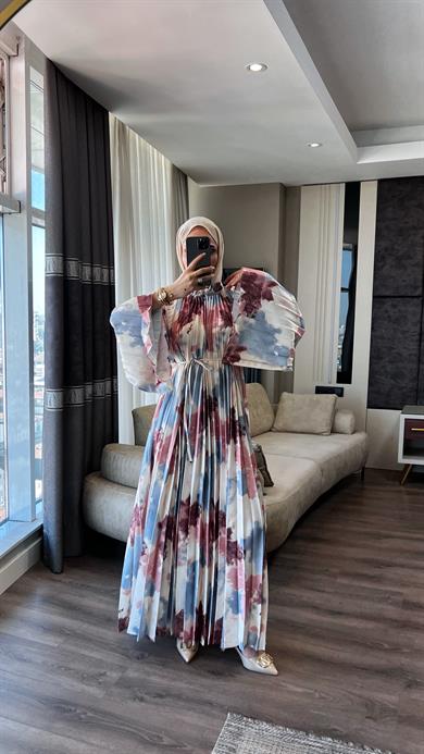 Pilisoley Desenli Saten Elbise Mavi 